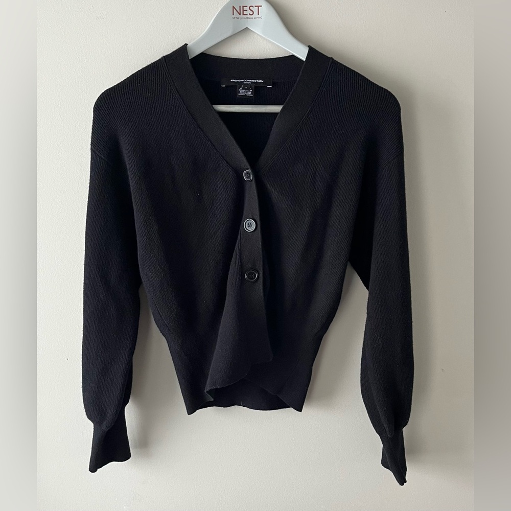 French Connection Black Button Front Cardigan Bishop Sleeve Size Small -Classic